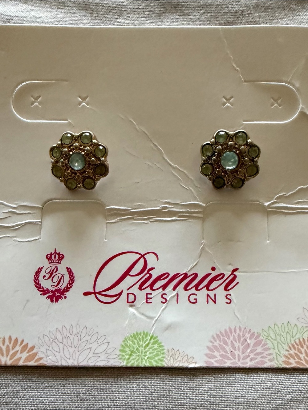 Premier Designs Gold-Tone Floral Cluster Earrings with Light Green Stones